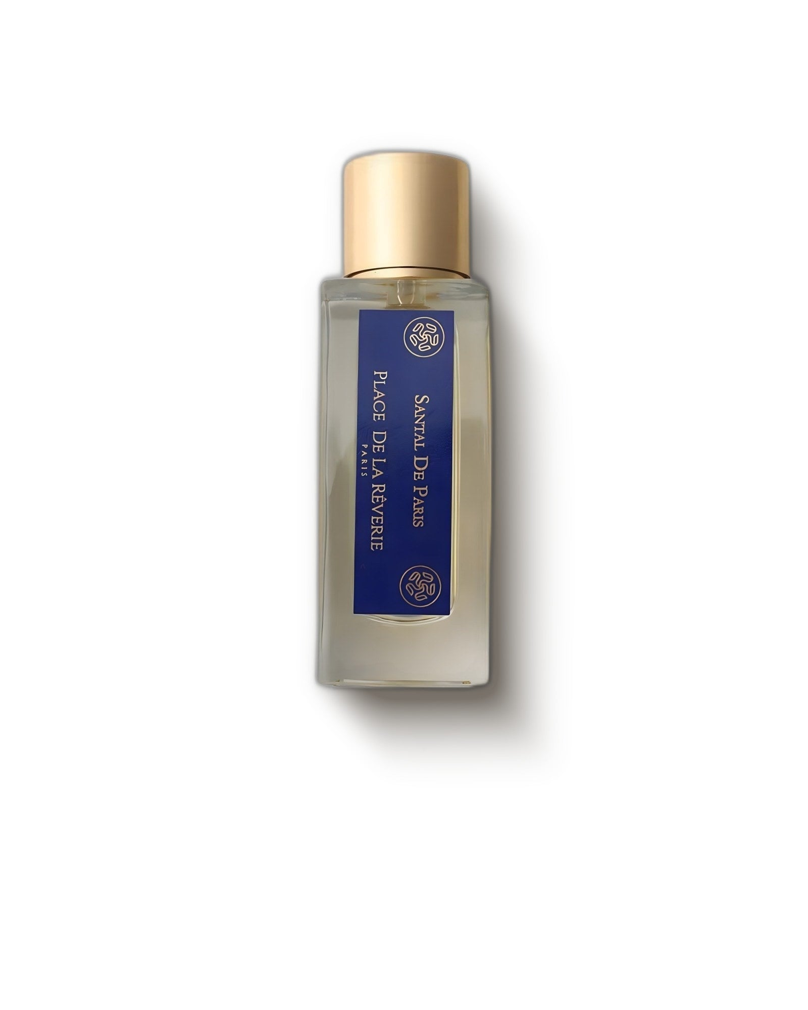 Place de la Rêverie Santal de Paris bottle with gold cap on a pale grey backdrop, powdery sandalwood extrait decant