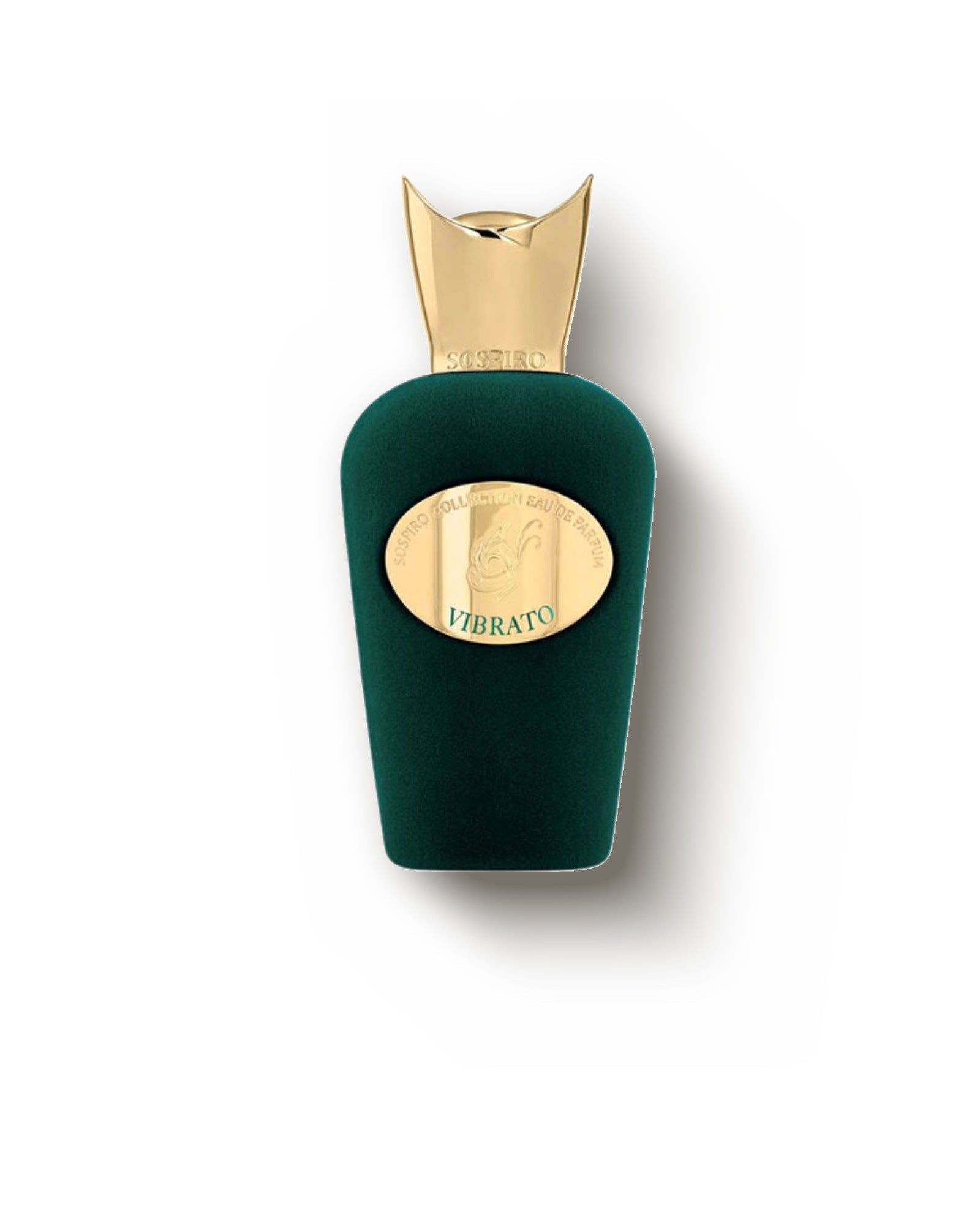 Sospiro Vibrato green velvet bottle with gold cap on a soft cream backdrop, fresh floral niche perfume decant