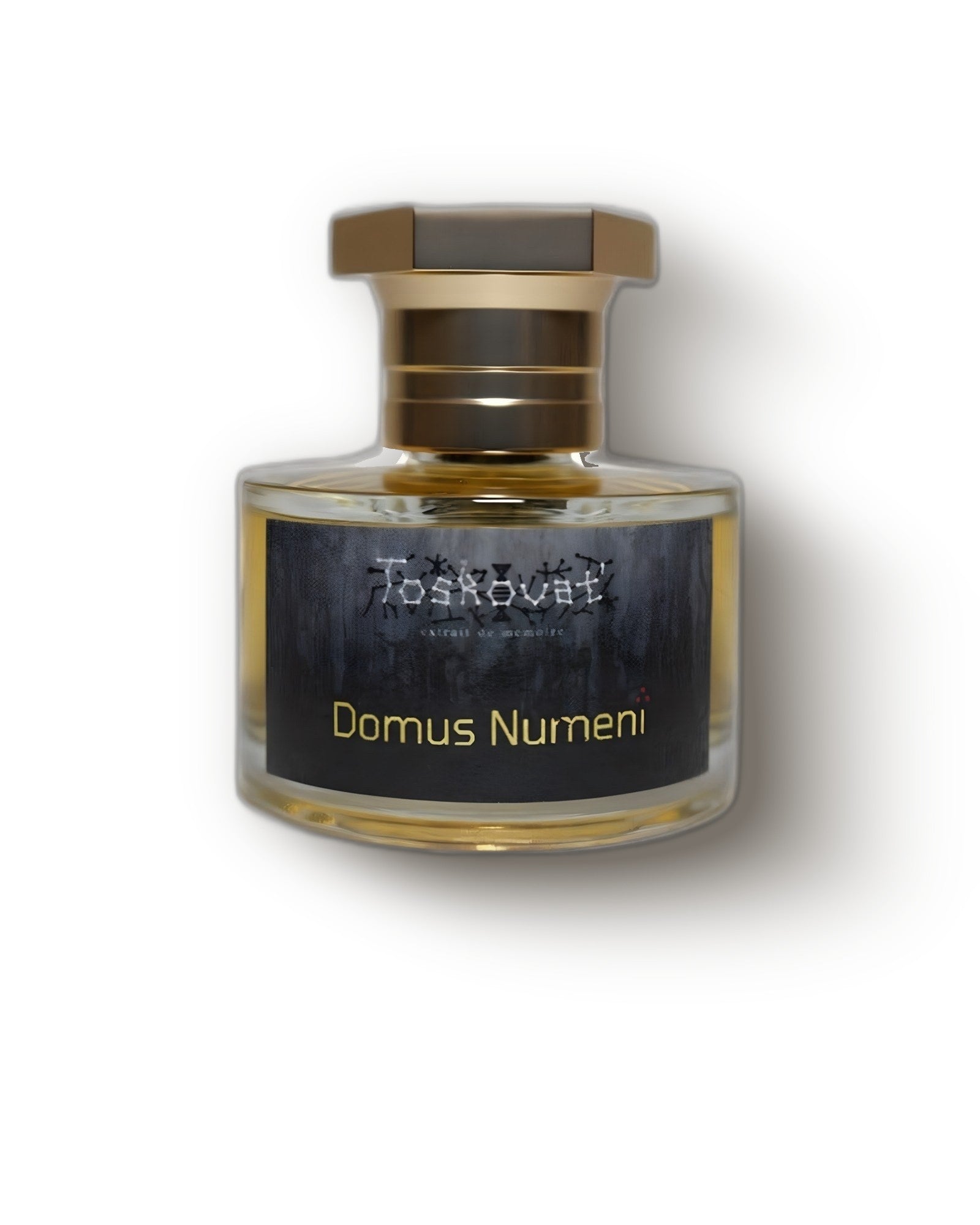 Toskovat Domus Numeni amber bottle with gold cap and dark label on soft cream, smoky incense extrait de parfum decant