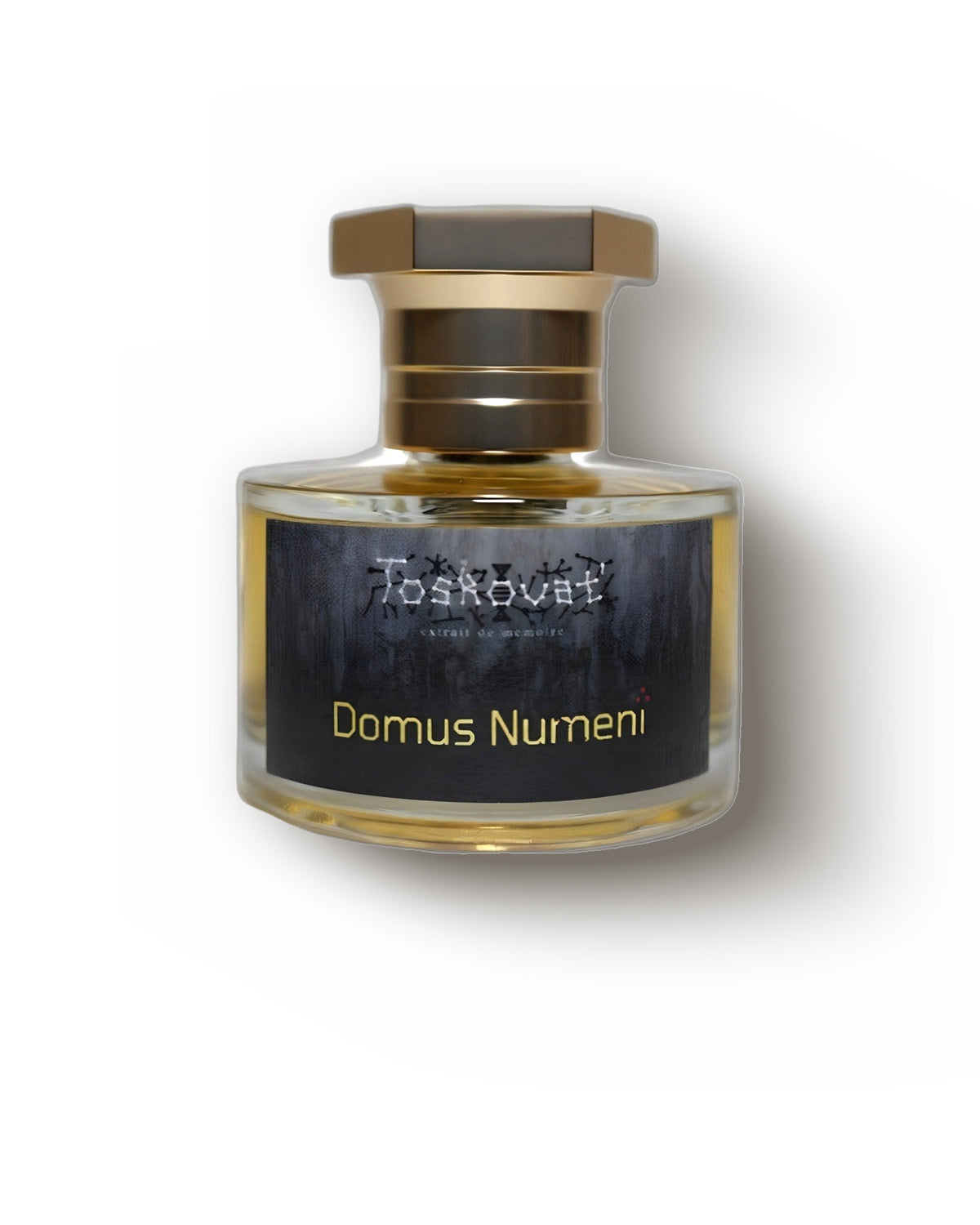 Toskovat Domus Numeni bursztynowy flakon ze złotą nakrętką i ciemną etykietą na miękkim kremie, dymny kadzidłowy decant extrait de parfum