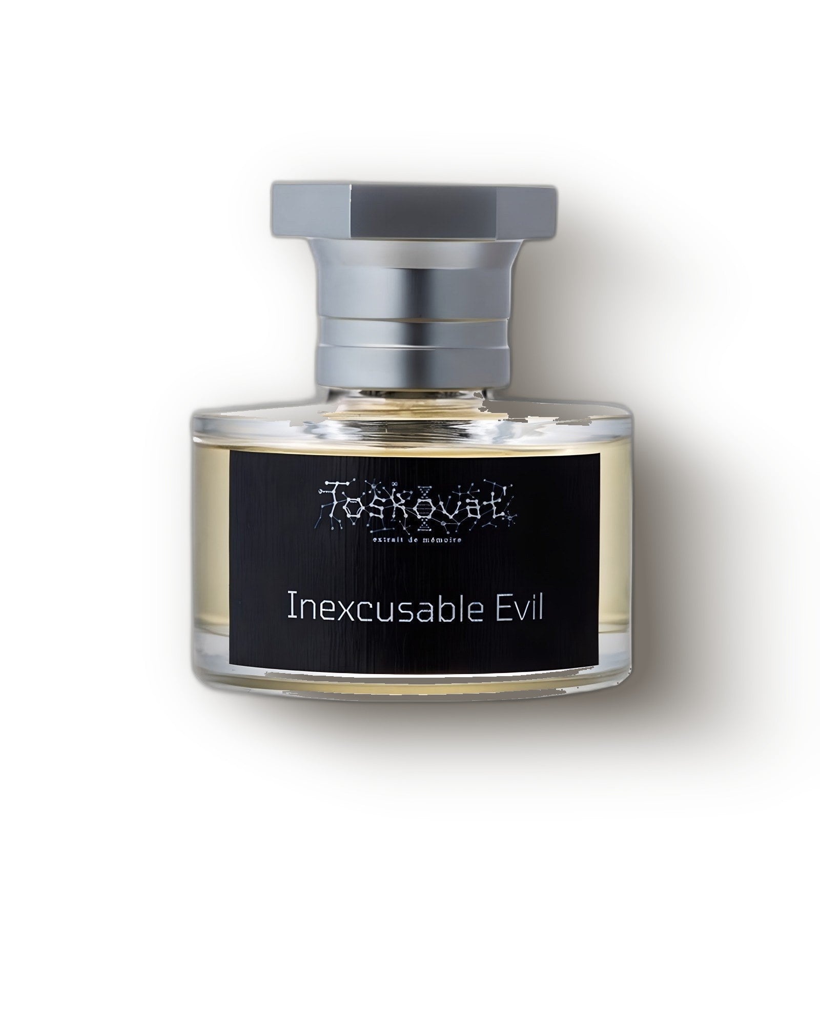Toskovat Inexcusable Evil bottle with silver cap and black label on cream, dark smoky niche perfume decant