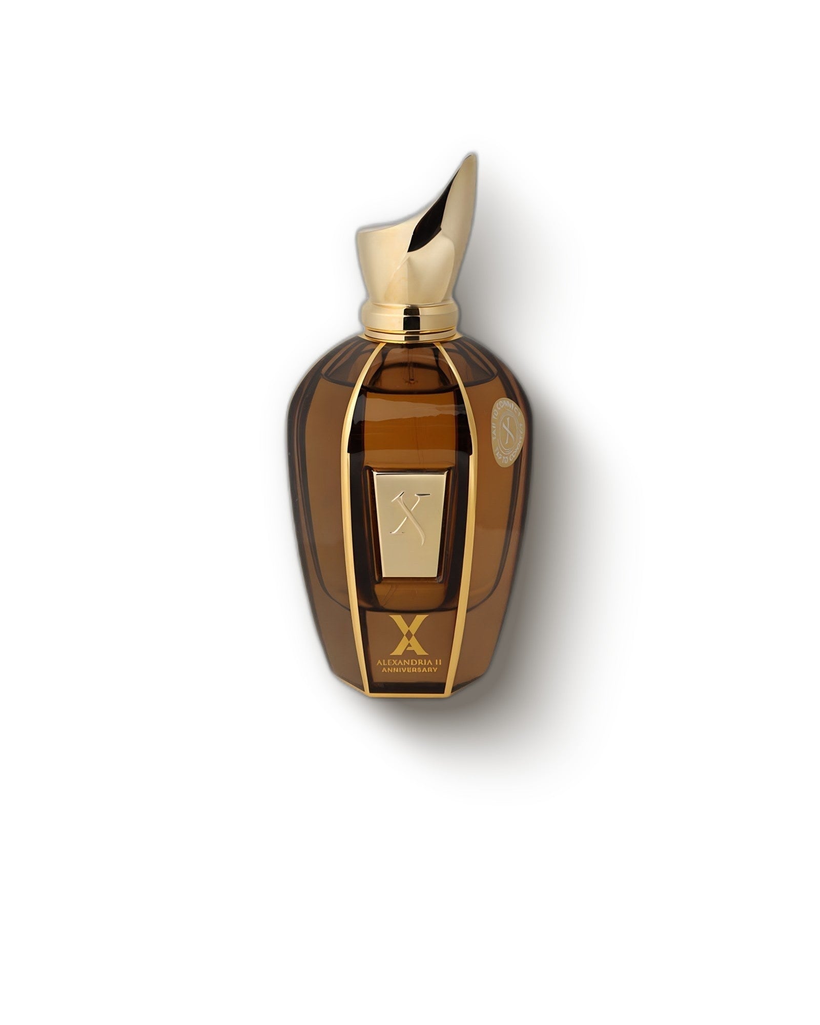 Xerjoff Alexandria 2 Anniversary amber bottle with gold cap on cream, oud incense niche perfume decant