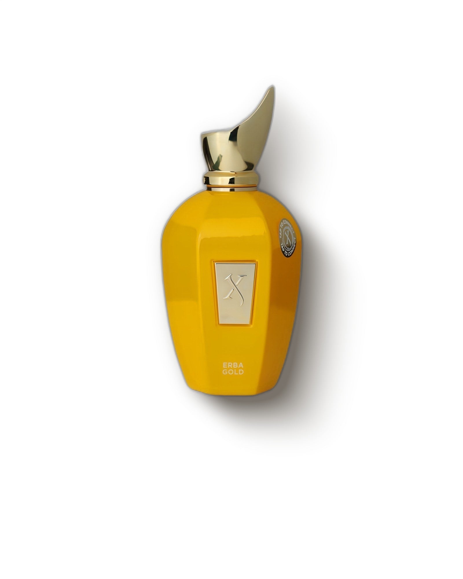 Xerjoff Erba Gold yellow bottle with gold sail cap on a soft grey backdrop, citrus niche perfume decant
