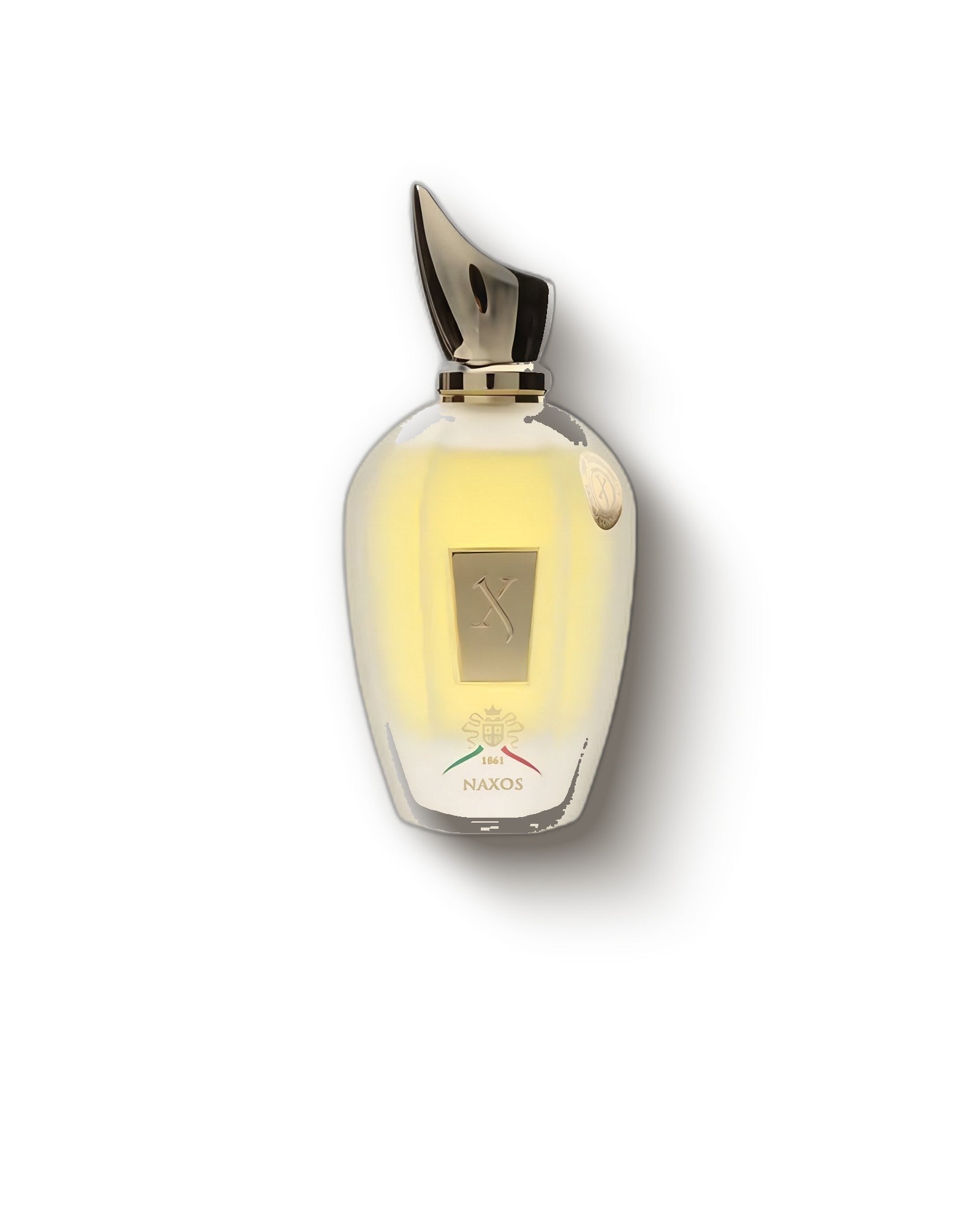 Xerjoff Naxos bottle with gold sail cap on a soft cream backdrop, honey tobacco gourmand fragrance decant