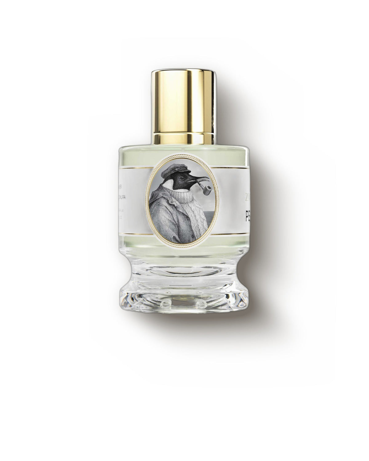 Zoologist Penguin, front view: a clear bottle on a cut-glass base under a gold cap, its oval label showing the penguin in a cap and knit sweater with a pipe.