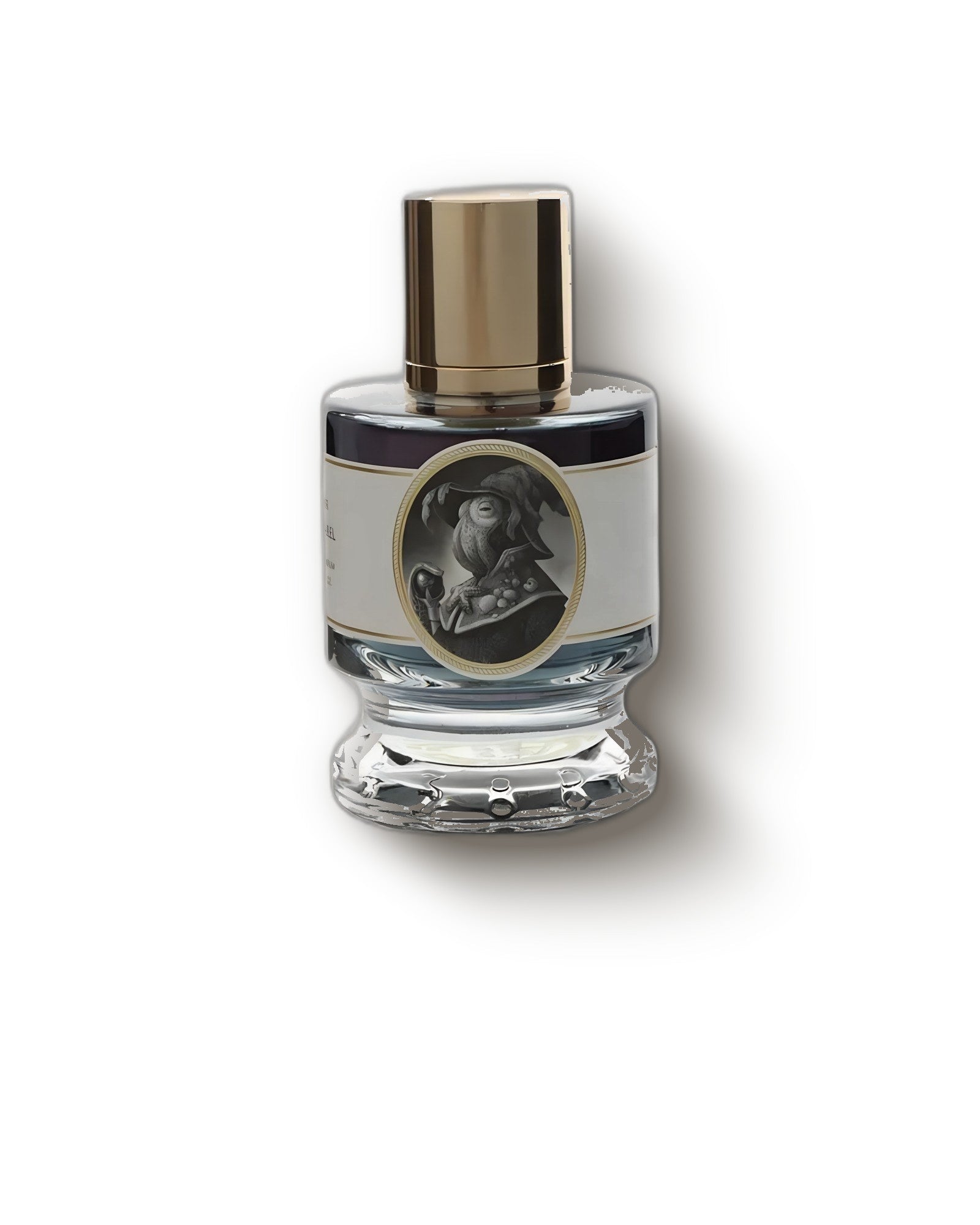 Zoologist Squid bottle with gold cap and illustrated oval label on pale cream, aquatic niche perfume decant