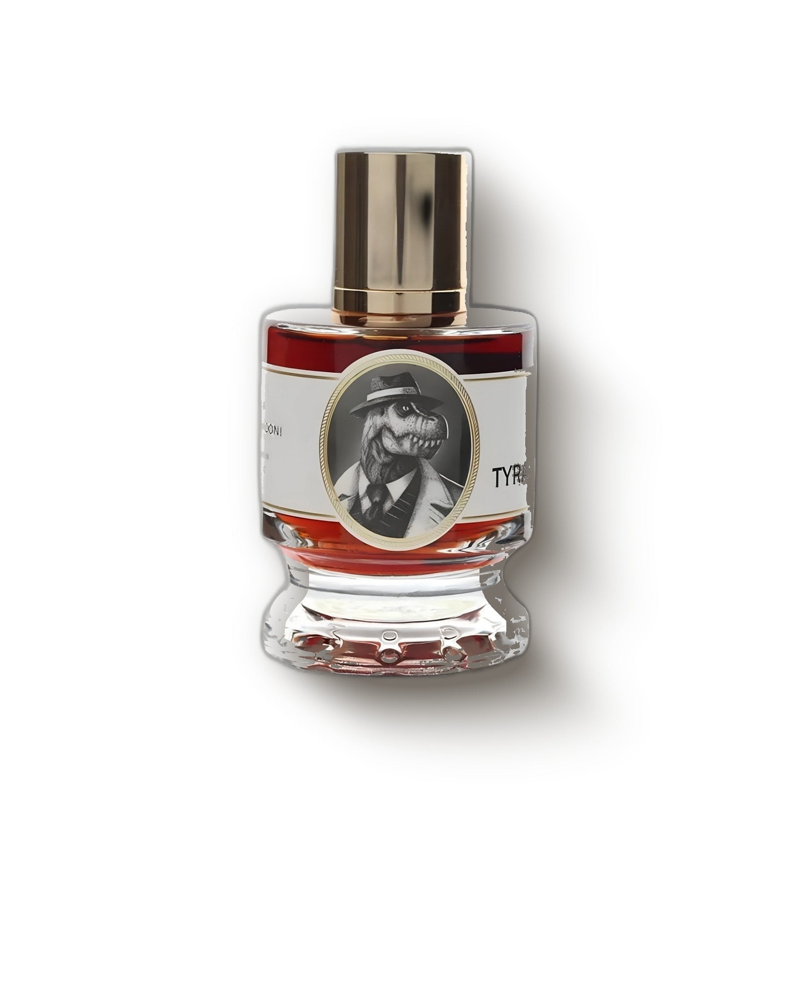 Zoologist Tyrannosaurus Rex bottle with gold cap and amber juice on cream, animalic leather extrait de parfum decant