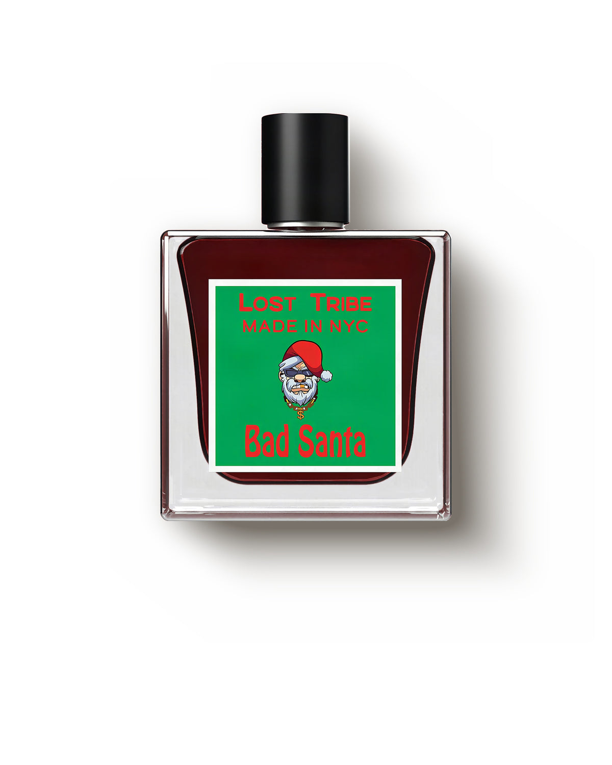 Lost Tribe Bad Santa, front view: a square clear bottle of dark red juice under a black cap, its green label framed in white and lettered in red: Lost Tribe, Made In NYC, a Santa in sunglasses with a gold dollar chain, and Bad Santa.