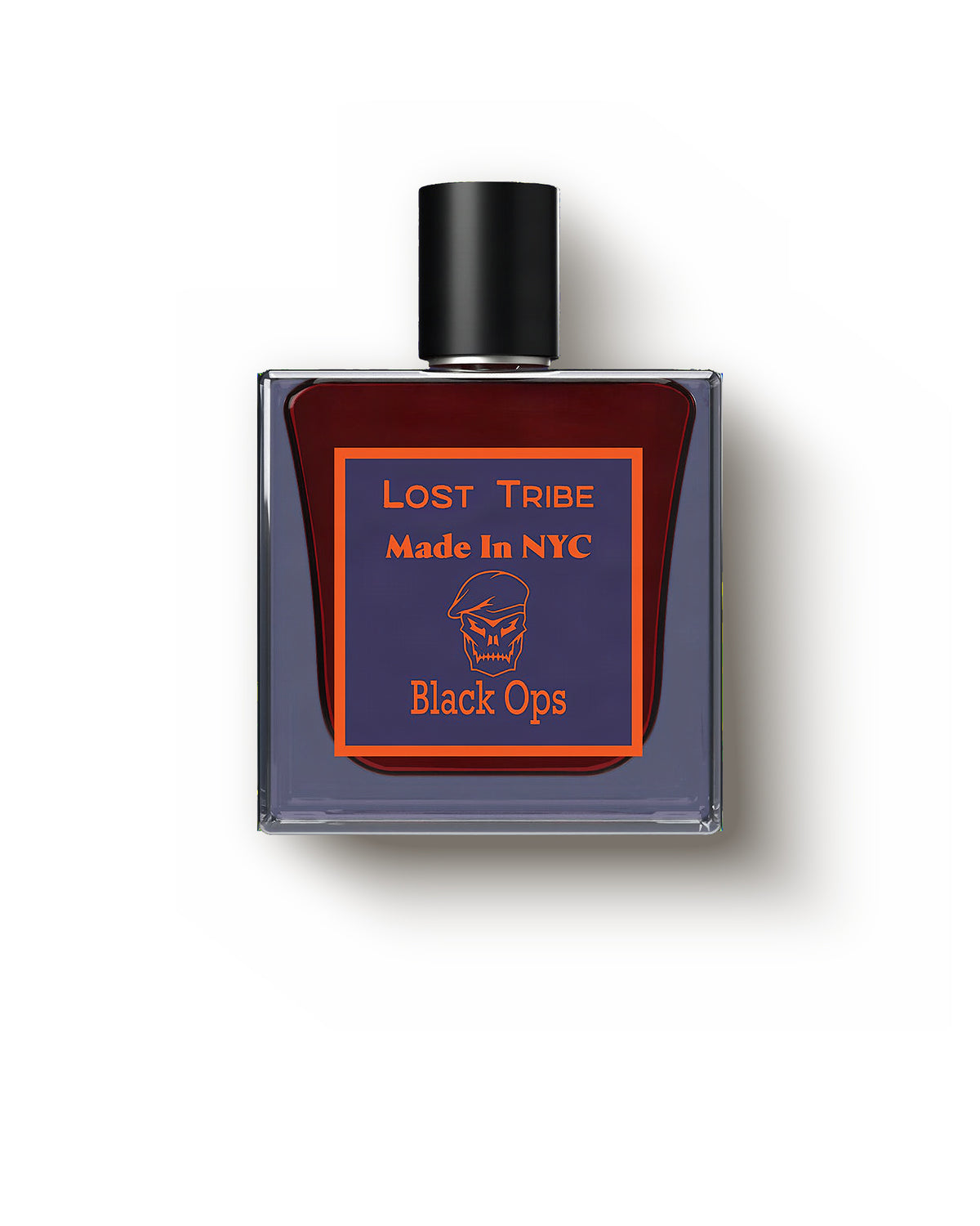 Lost Tribe Black Ops, front view: a square bottle of dark red juice under a black cap, its navy label framed in orange and printed Lost Tribe and Made In NYC above a skull in a beret, with Black Ops below.