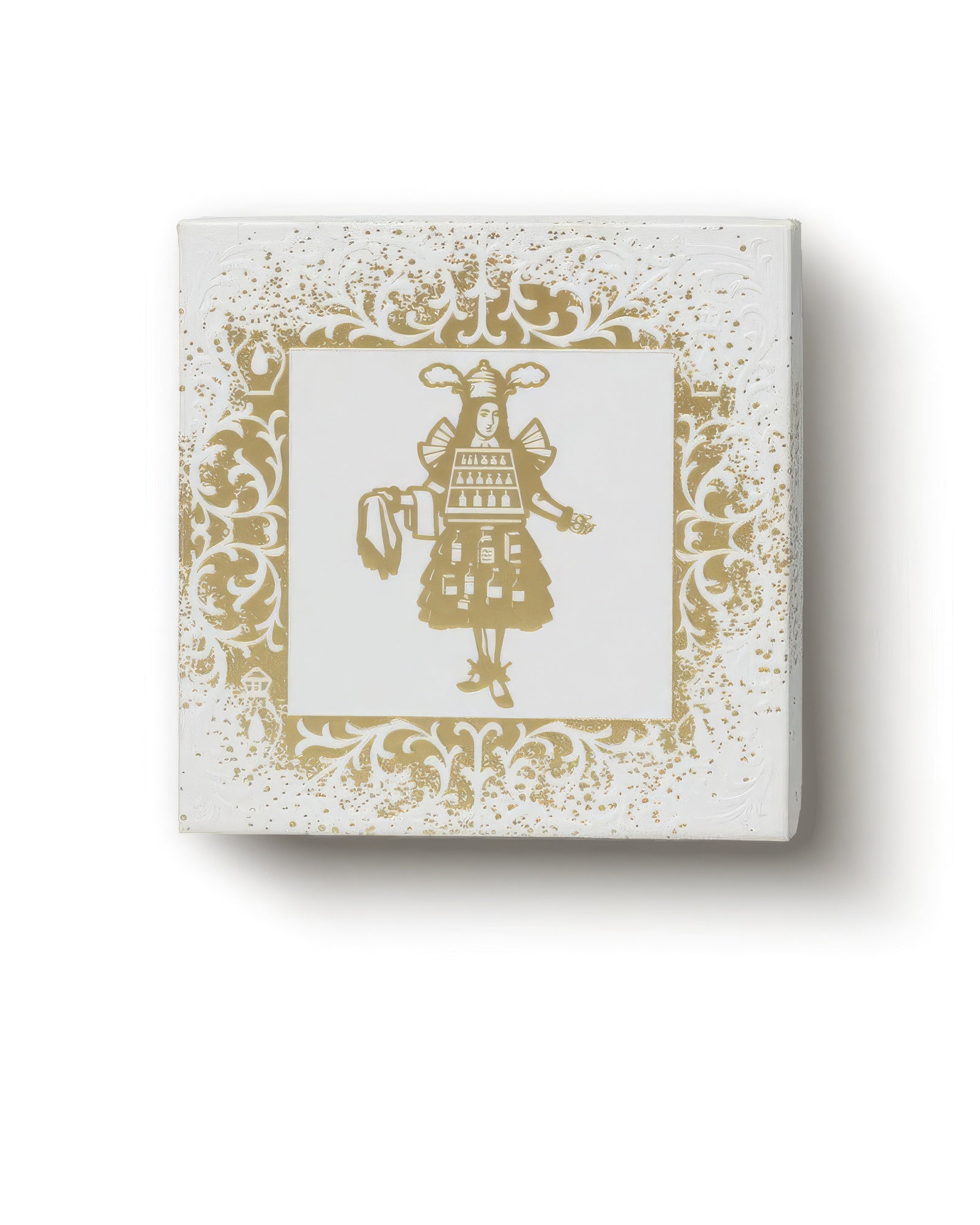 Gouttes Rares discovery set lid with gold-foil perfume-peddler figure on embossed white, curated sampler box