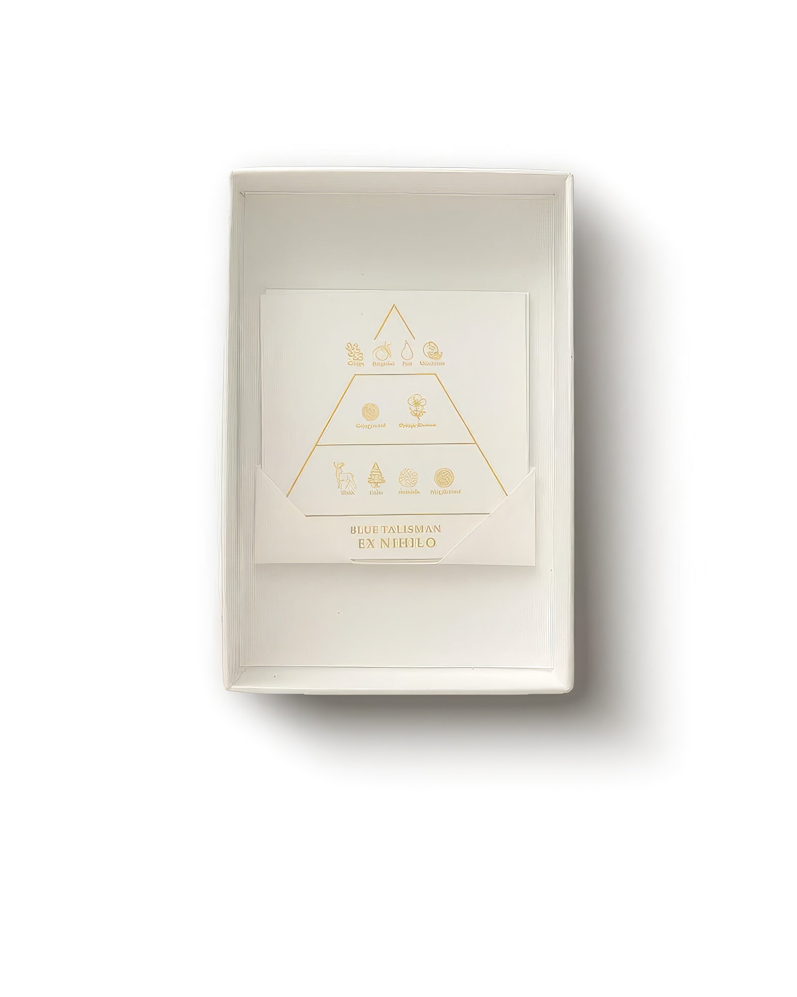 Gouttes Rares Nischenparfüm-Discovery-Set offen mit goldener Duftpyramiden-Karte für Blue Talisman, kuratiertes Entdeckungsset