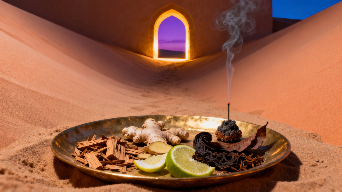 A brass tray of cedar shavings, split ginger, lime peel, tobacco leaf and smouldering incense resin sits in an apricot dune hollow at violet dusk, its smoke hanging in a motionless column while a gold arched opening glows in the far sand wall.