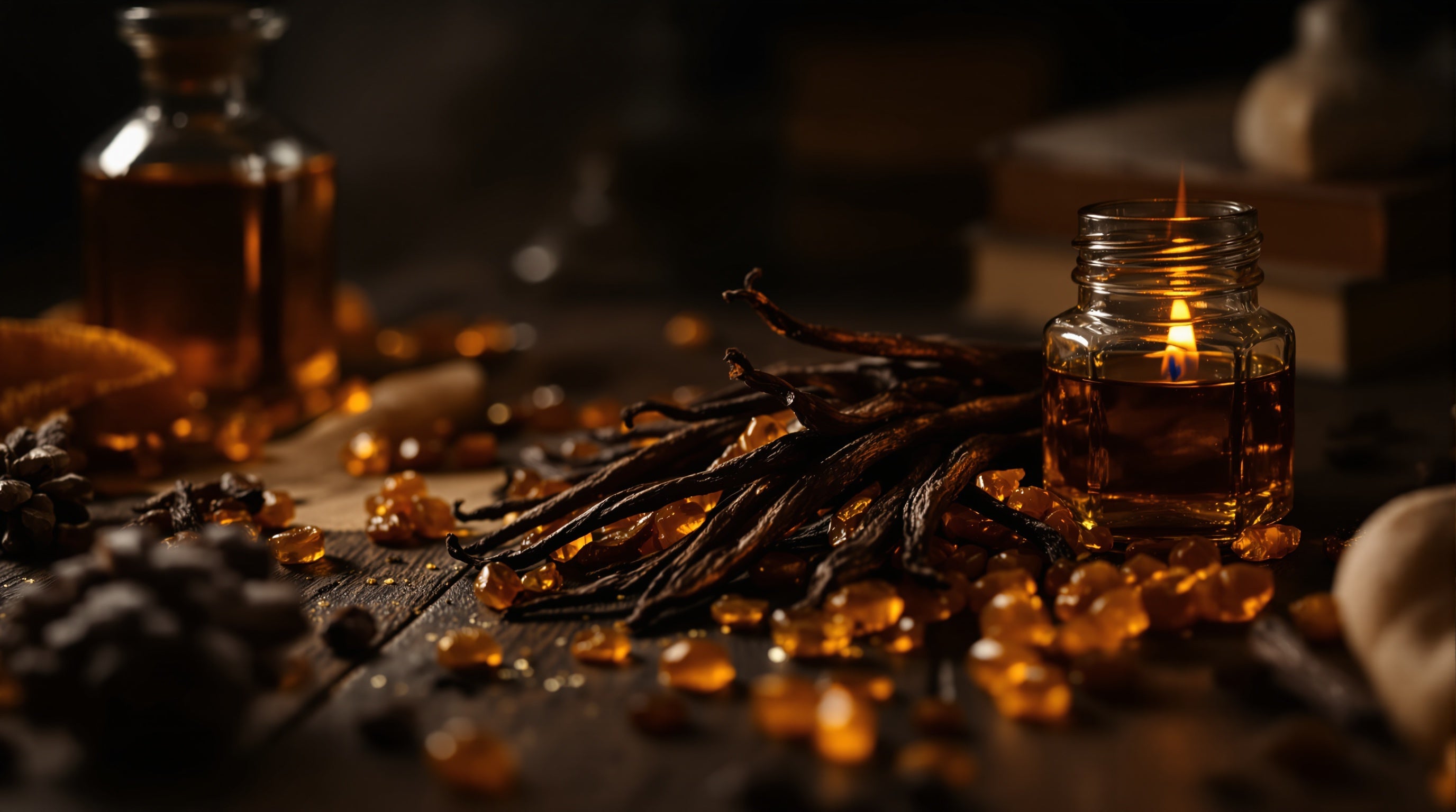 Cured vanilla pods and amber resin by candlelight