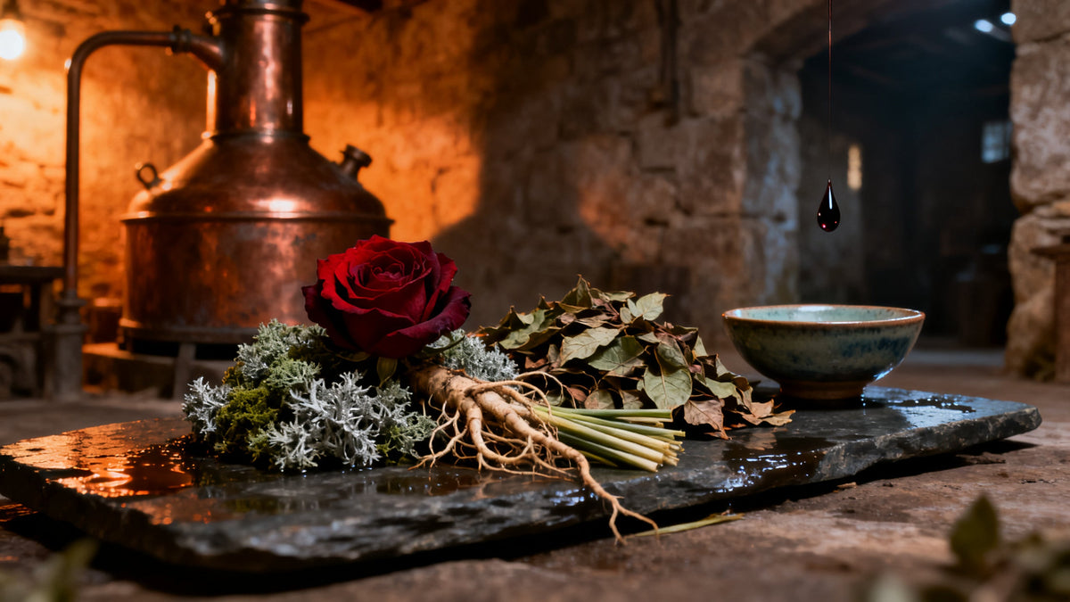 A dark red rose on oakmoss and vetiver roots beside dried patchouli leaves in a dim stone still house, one drop of tincture hanging in the air above a bowl.