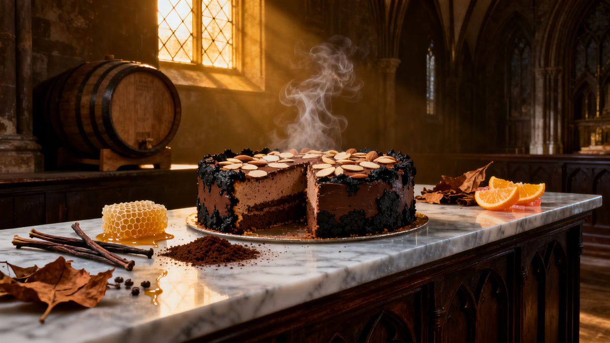 A marble counter in a dark wood chapel bakery holding a charred cocoa and almond cake, brown sugar, coffee grounds, vanilla pods, dripping honeycomb, tobacco leaves and candied orange peel, an oak cask behind in shadow.