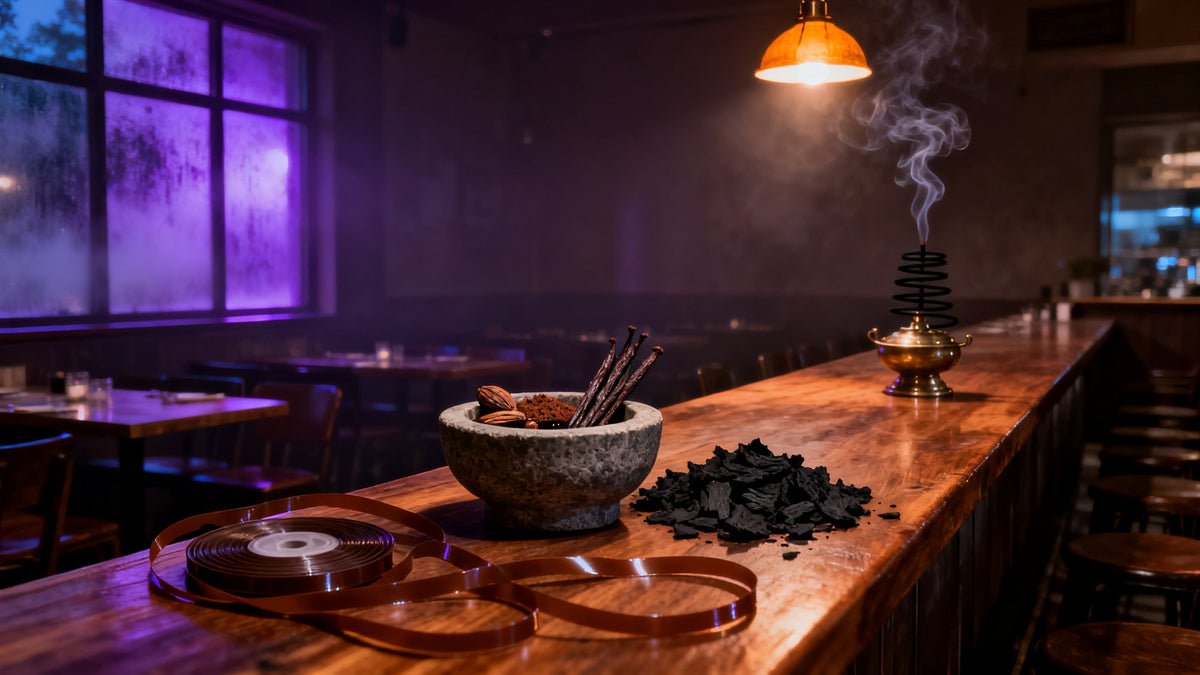 A dim empty restaurant bar laid with a stone bowl of oud oil and vanilla pods, tonka beans in a mortar, charred oud chips and loose loops of brown magnetic tape, a coil of black incense smoke hanging still under a single lamp.