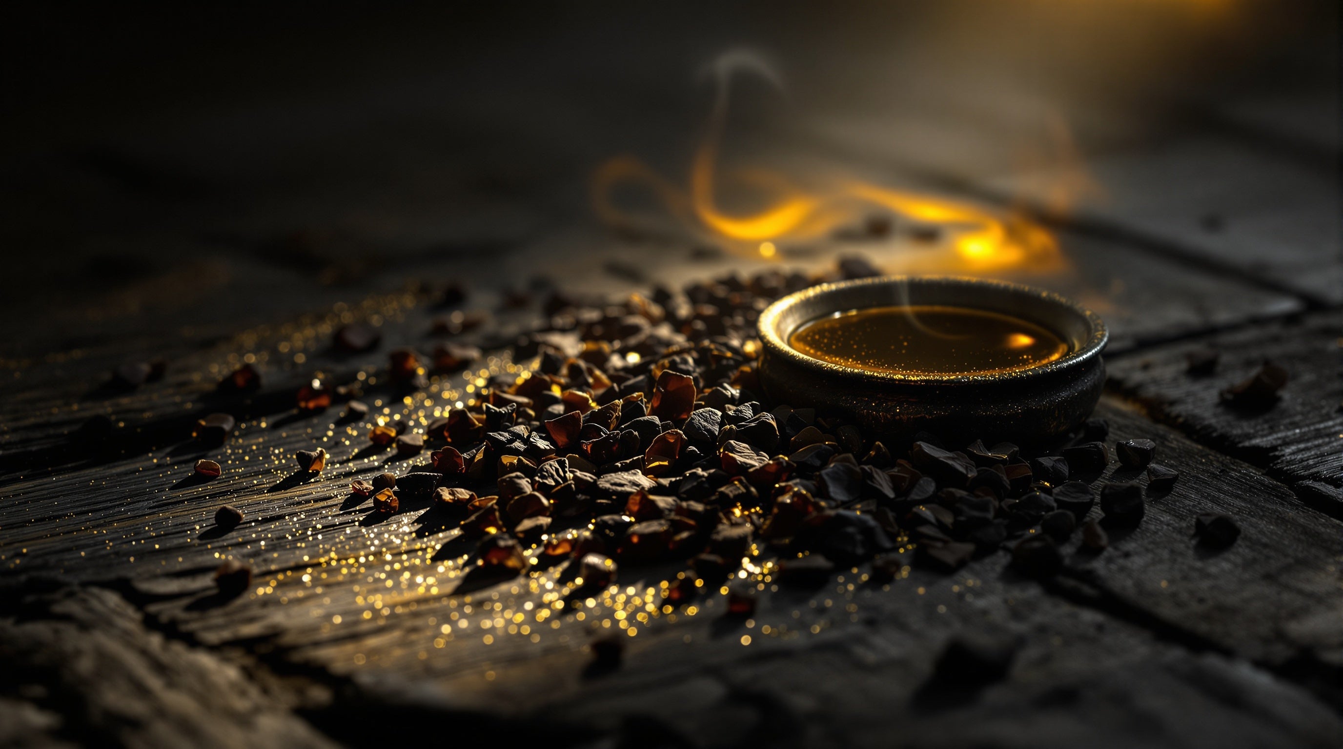 Glowing golden oud oil and dark agarwood in moody light