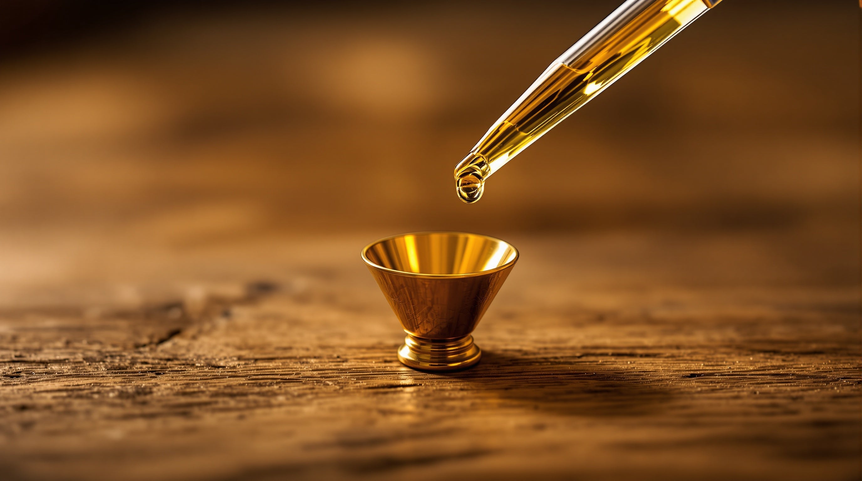 A fine glass pipette releasing a single golden drop of perfume oil above a small brass funnel