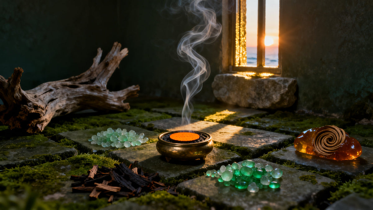 A dim mossy stone chamber where a brass burner with a glowing charcoal disc sits among green frankincense tears, agarwood chips and sandalwood curls, a ribbon of smoke hanging motionless in low sunlight blooming through a slit window.
