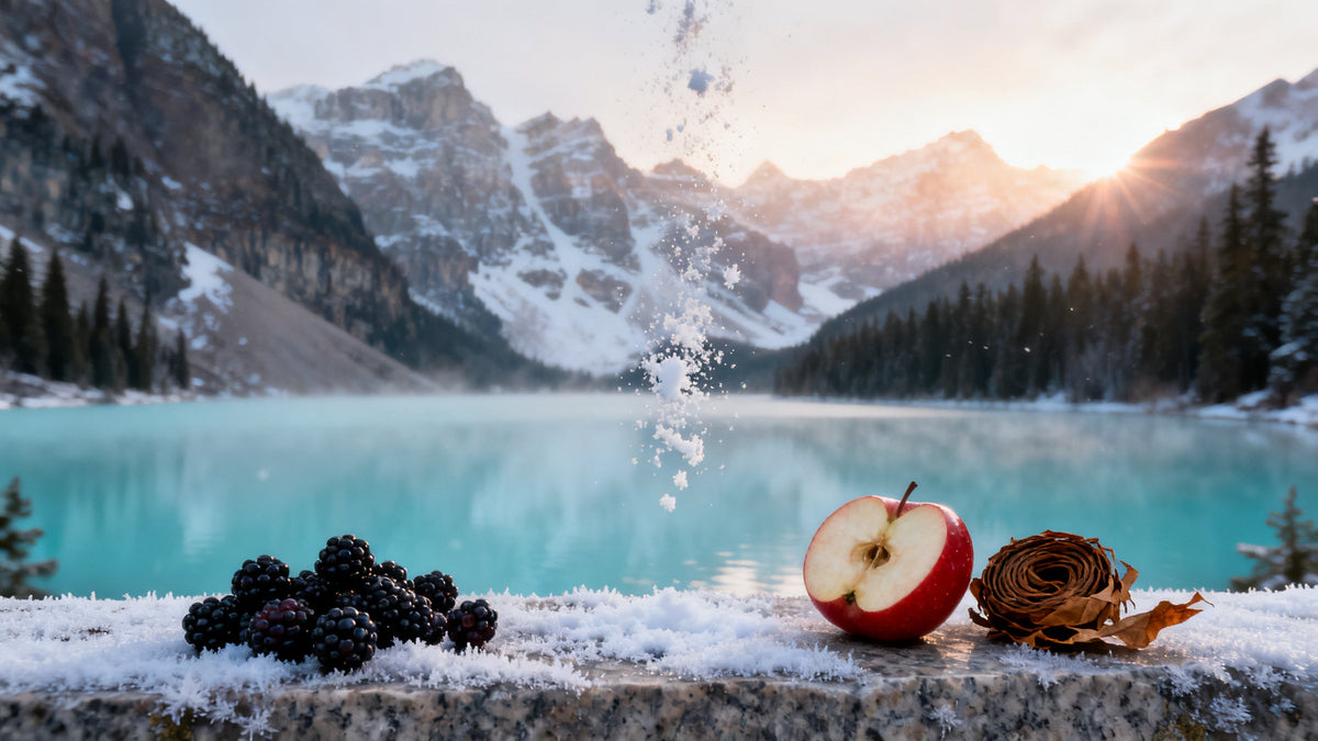 A turquoise glacial lake below snowy peaks and dark fir, with blackberries, a halved red apple and a coil of tobacco leaf on a frosty granite ledge, powder snow hanging still in the air.