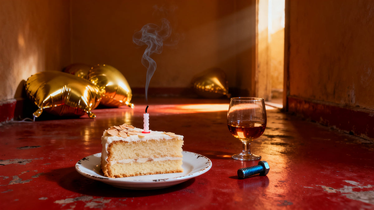 A slice of almond cake with a just-blown-out candle whose thread of smoke stands still, gold foil balloons on a red floor behind it.