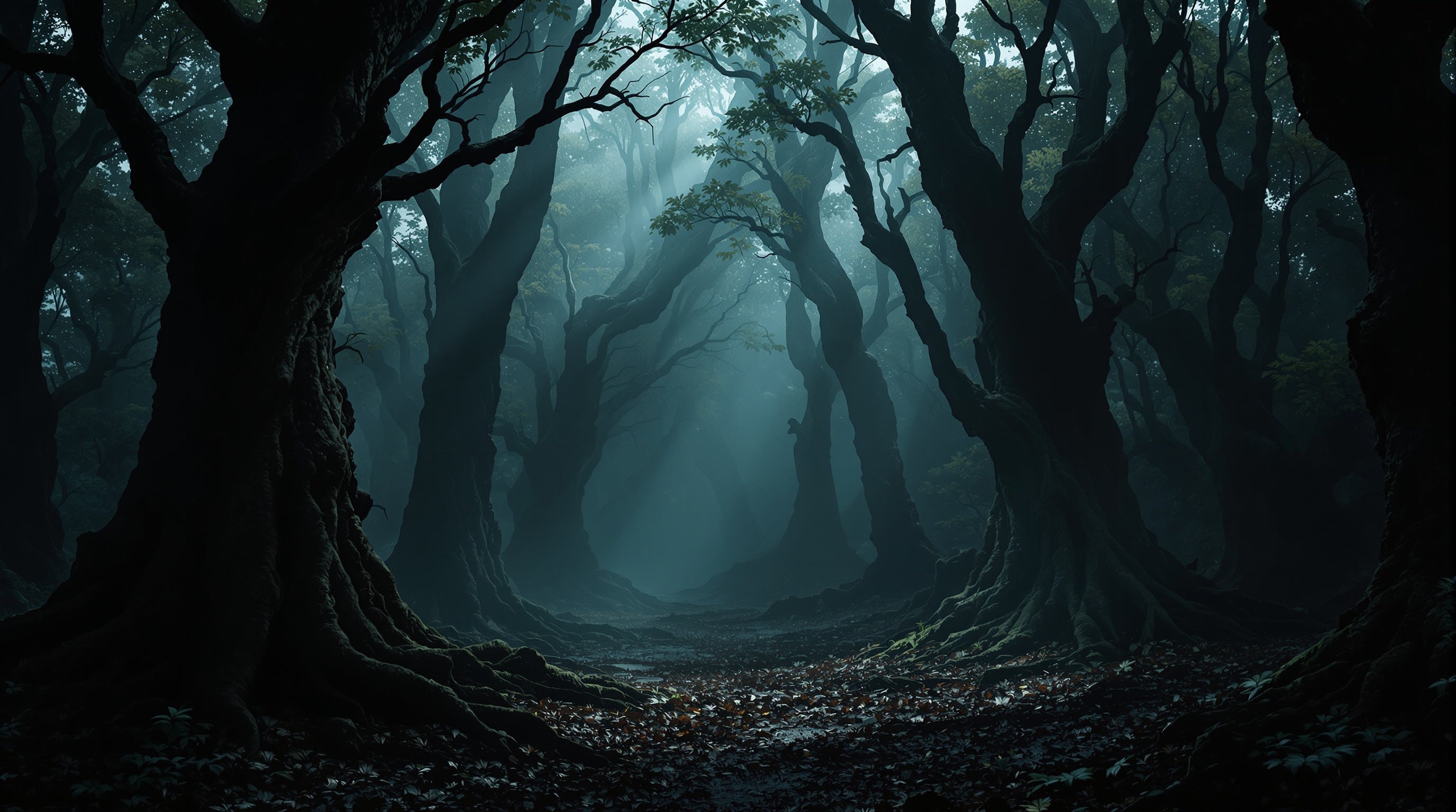 A dark misty forest of ancient agarwood trees