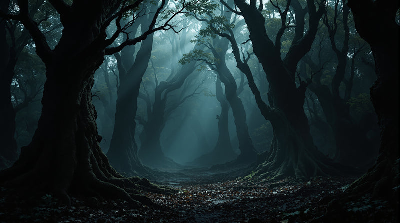 A dark misty forest of ancient agarwood trees