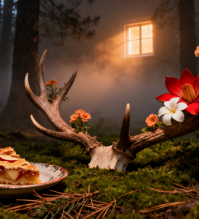 A shed deer antler on forest moss sprouting champaca, frangipani and osmanthus flowers beside a slice of apple pie and fir needles, with pine trunks and one lit window in still mist behind.