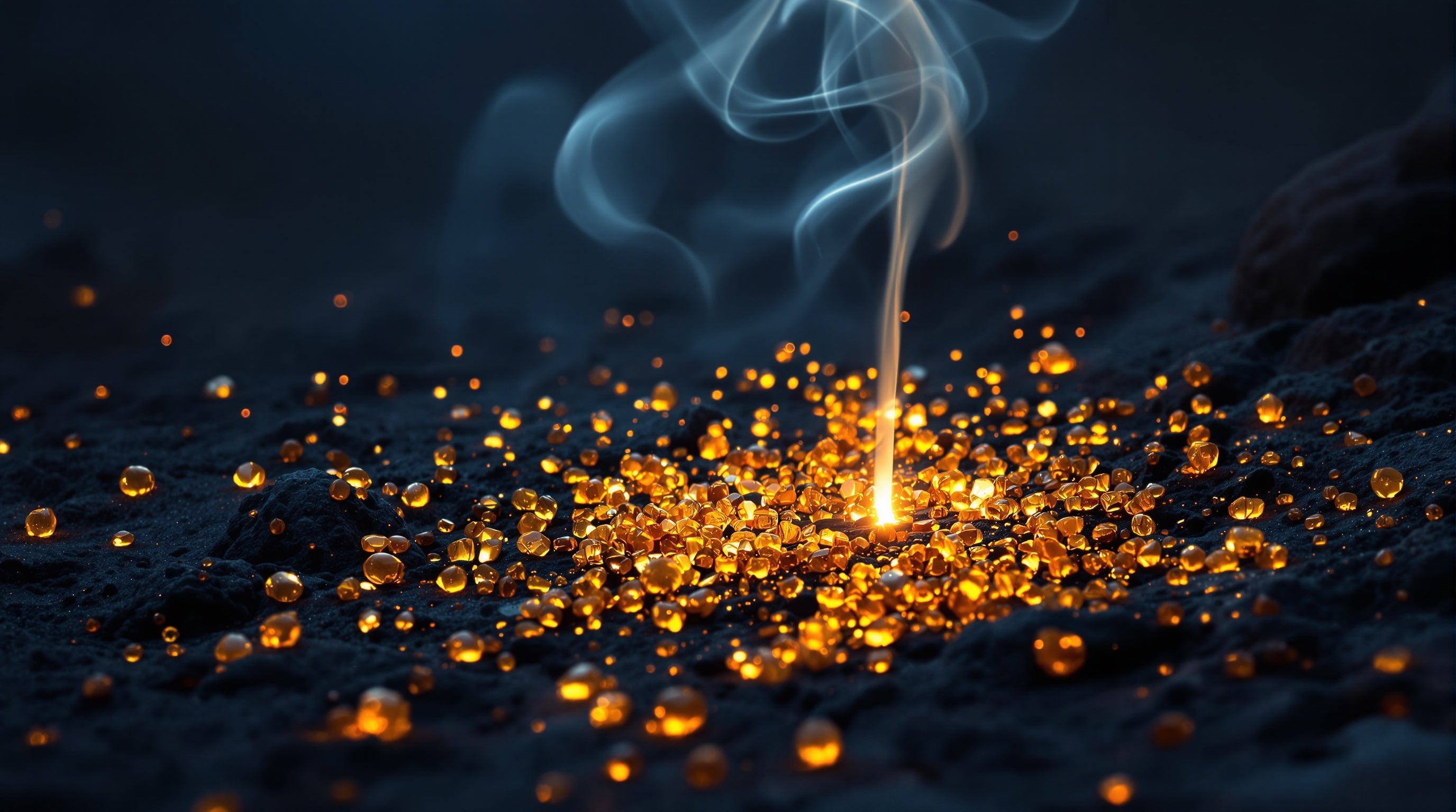 Golden frankincense resin tears and curling silver smoke over dark stone at dusk