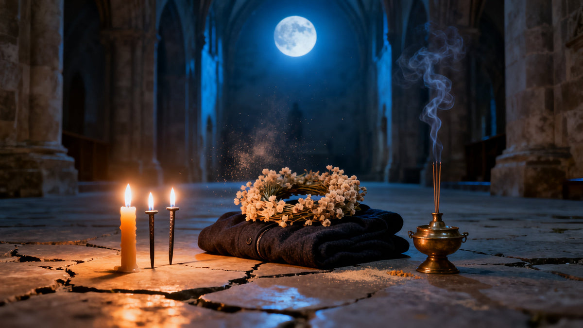 Beeswax candles and three iron nails on the stone floor of a moonlit nave, a dried immortelle wreath over a folded dark jacket, and a single column of incense smoke standing still.