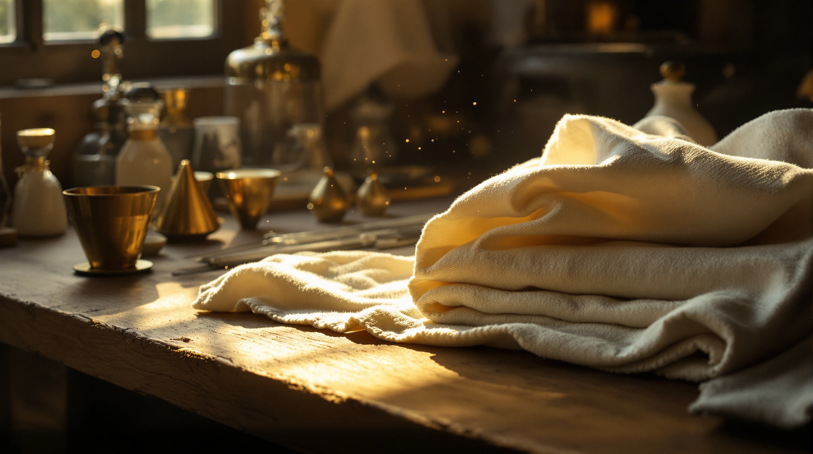An artisan atelier workbench with linen, brass funnels and glass pipettes in warm window light