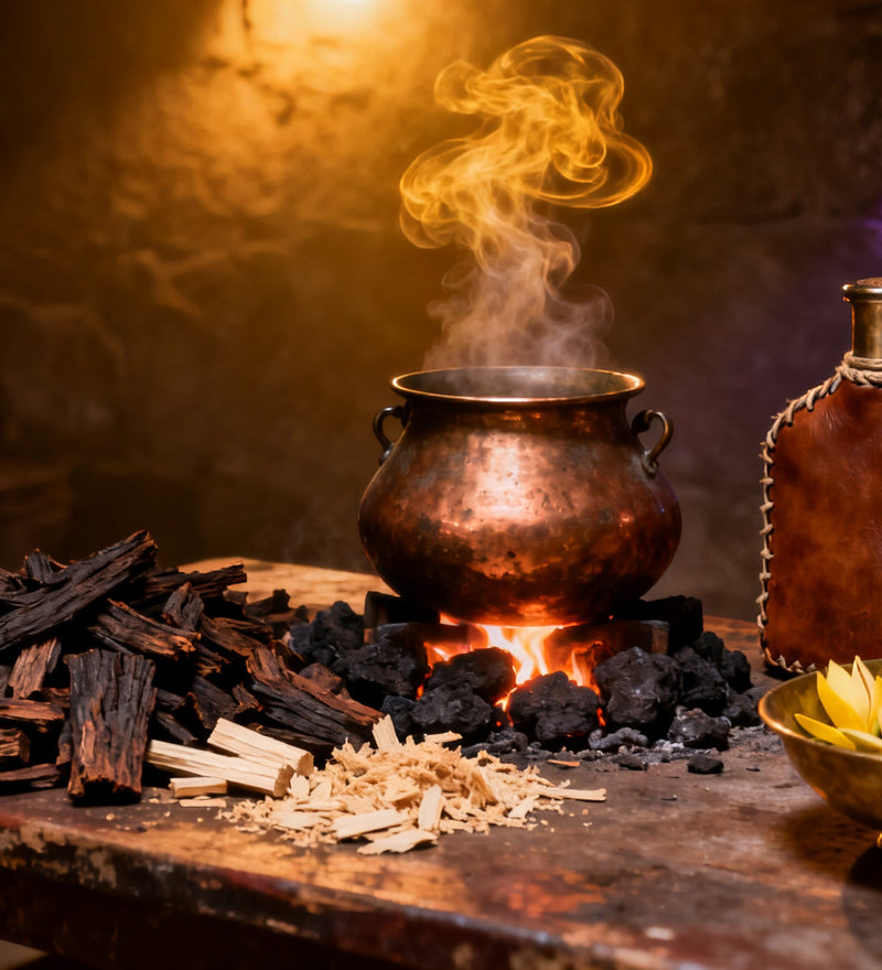 A copper pot on glowing charcoal beside chopped agarwood, a camel leather flask and yellow champaka flowers, under a golden haze of steam that hangs motionless.