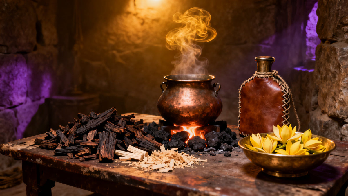 A copper pot on glowing charcoal beside chopped agarwood, a camel leather flask and yellow champaka flowers, under a golden haze of steam that hangs motionless.