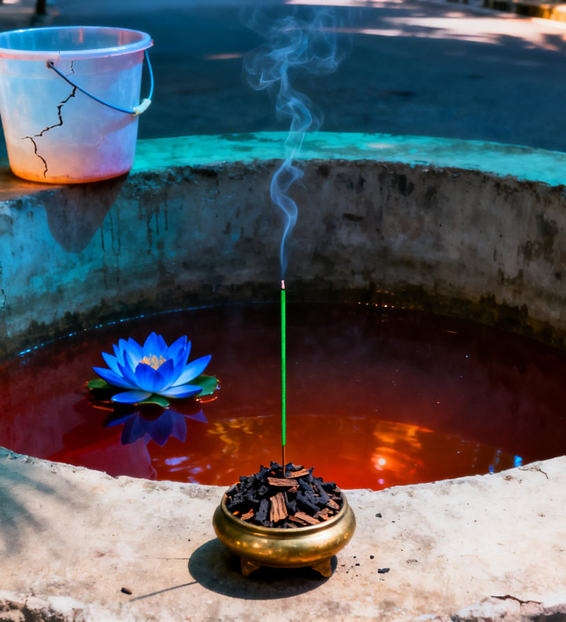 A deep cement well brimming with red-brown water and one blue lotus, an incense stick and agarwood chips burning on a brass burner beside it, a thread of smoke standing still in the morning air.