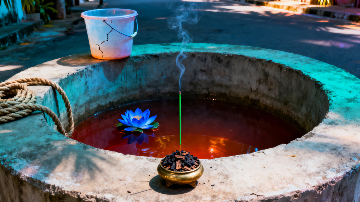 A deep cement well brimming with red-brown water and one blue lotus, an incense stick and agarwood chips burning on a brass burner beside it, a thread of smoke standing still in the morning air.