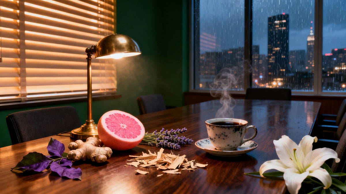 A dark walnut boardroom table at dusk under a blooming brass lamp, scattered with a cup of black tea, split grapefruit, ginger root, violet leaves, lavender sprigs, a white lily and sandalwood shavings.