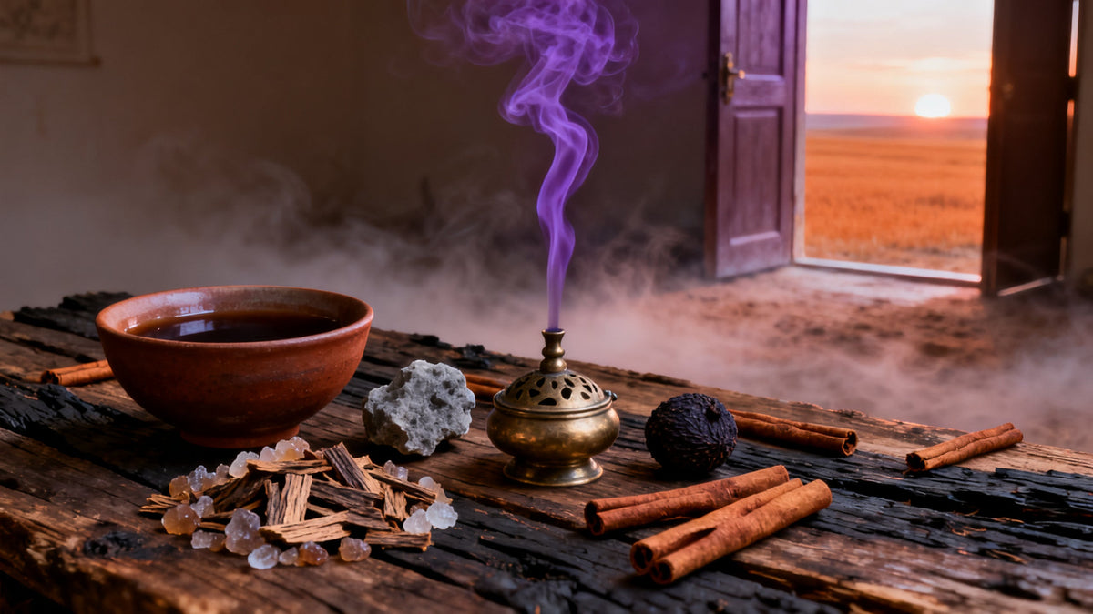 A bowl of dark tea, agarwood chips, an ambergris nugget and a musk pod on charred planks beside a brass burner whose violet smoke stands in one still column, mist on a steppe through the doorway.