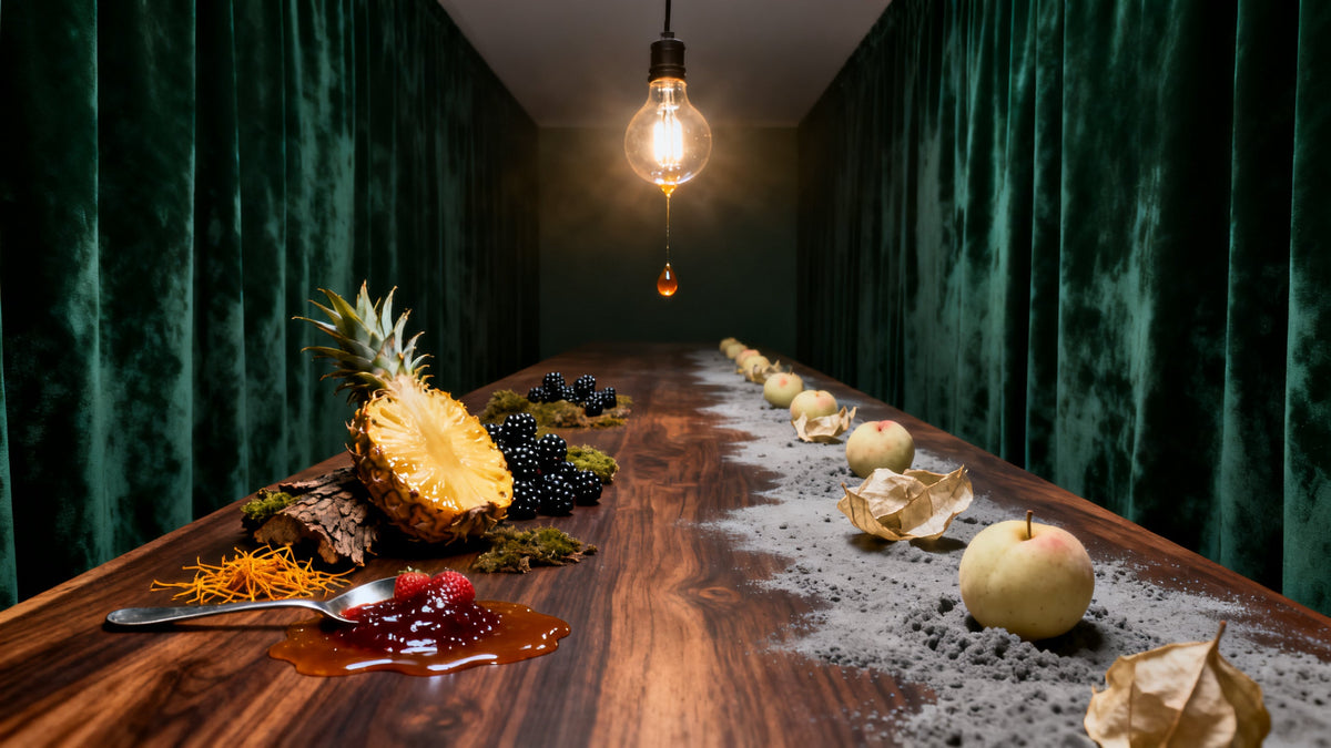 A long dark walnut counter in a green velvet room, laid with wet pineapple, blackcurrants, oakmoss, saffron and strawberry jam that repeat further down in cold grey dust, a bare bulb blooming overhead and one bead of caramel hanging motionless in the air.