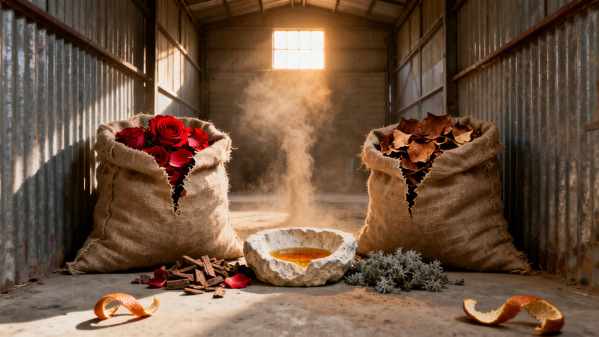 A hot sun bleached warehouse bay where two identical burlap sacks of rose petals, one fresh crimson and one browned and papery, sit on corrugated steel beside oud chips, grey oakmoss and amber oil pooled in limestone.