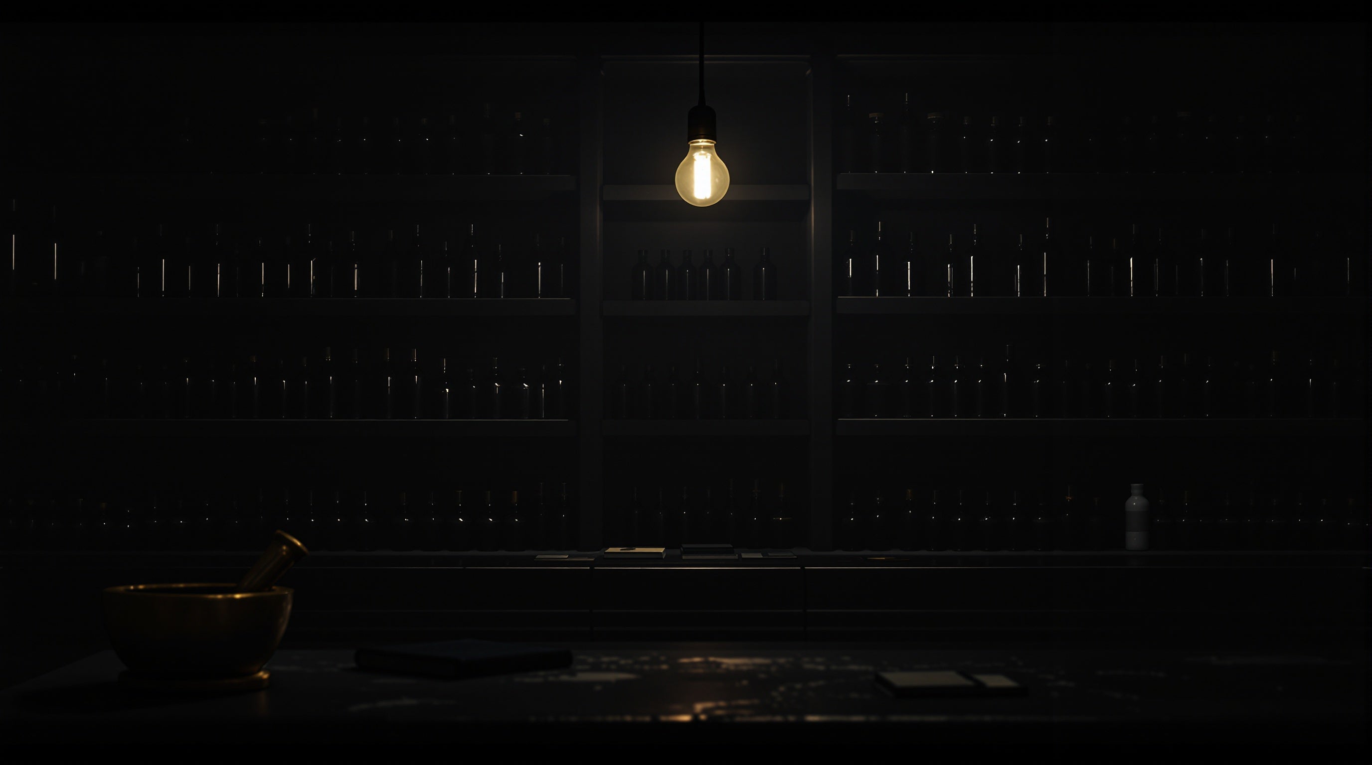 A dim apothecary perfumer's room at night