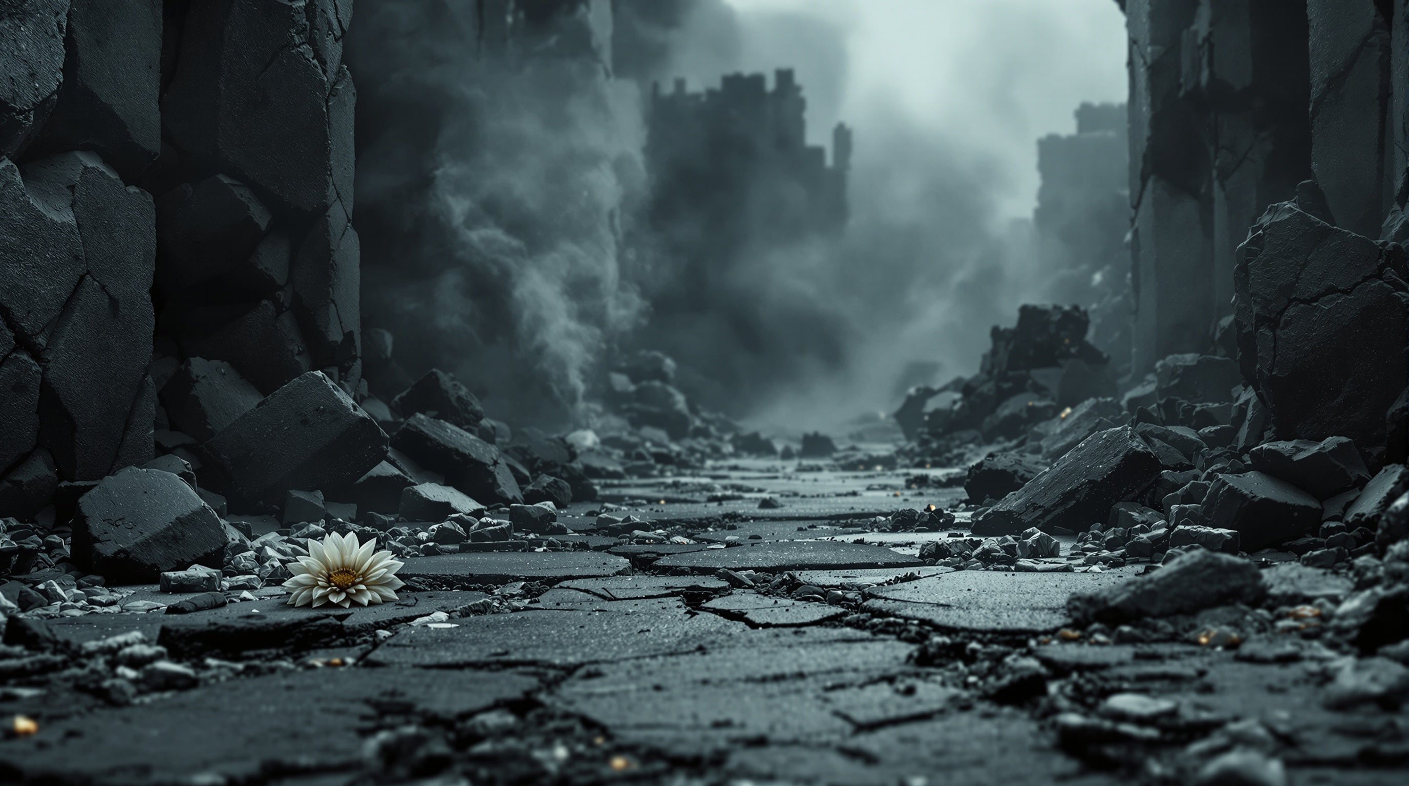 A bleak war-aftermath scene of smoke over ruins