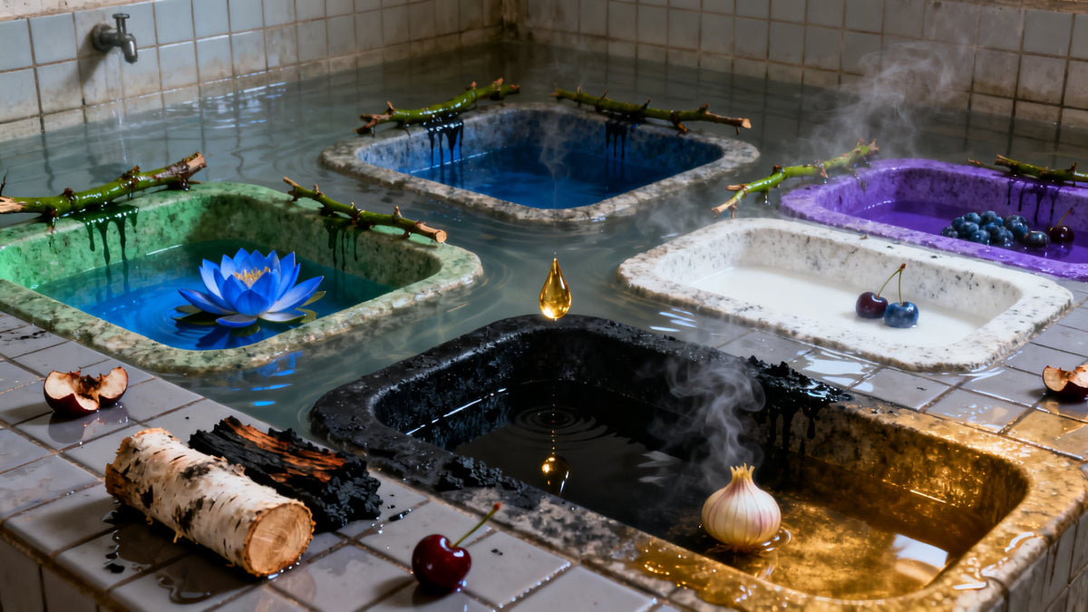 A flooded tiled wash house at night where six low stone troughs hold green, blue, purple, white, black and gold water, snapped twigs and split cherries on the wet rims.