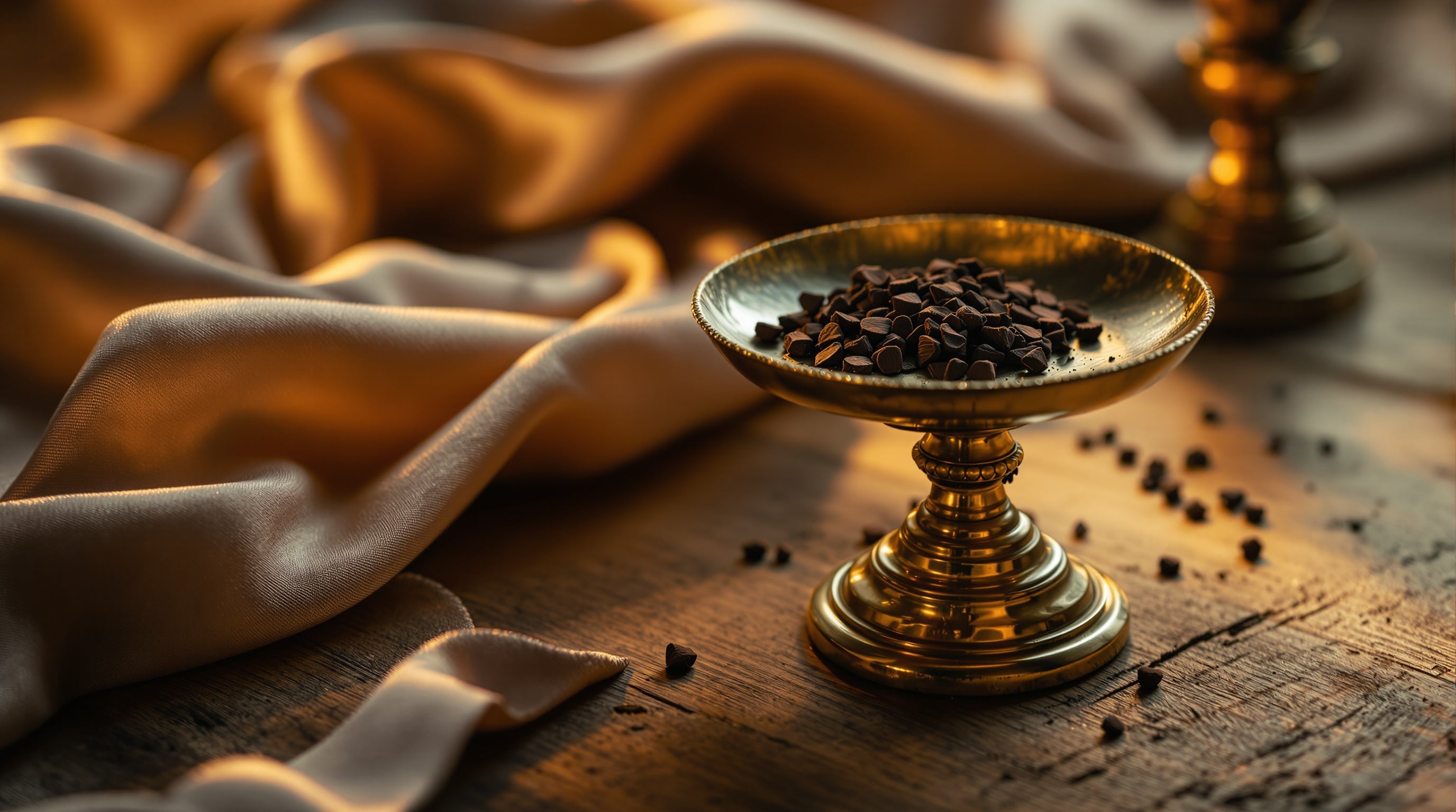 A small brass balance scale holding dark oud wood chips in warm candlelight