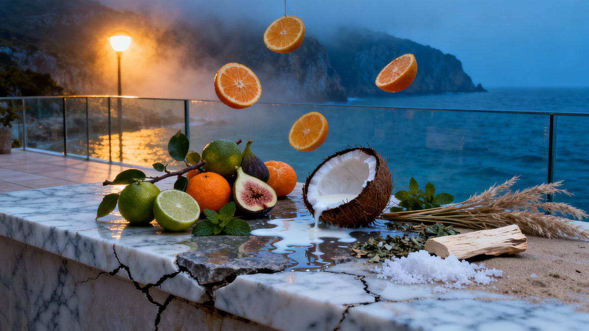 A cracked marble sea terrace at blue hour piled with split limes, green figs, tangerines, a broken coconut, mint and papyrus, with citrus halves hanging perfectly still in the golden hazy air above a glass flat cove.