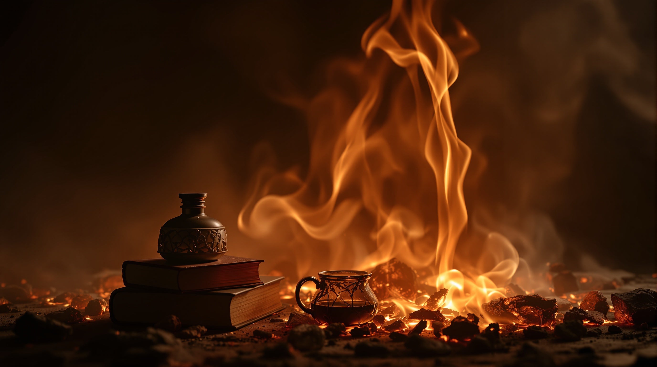 Glowing agarwood embers and resinous smoke