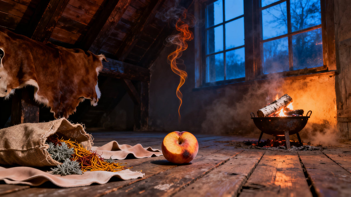 A dusk curing loft with tobacco-brown hides draped over oak beams, saffron threads, oakmoss and a halved peach on the plank floor, and one ribbon of smoke from a birch-tar brazier hanging motionless in blooming amber light.