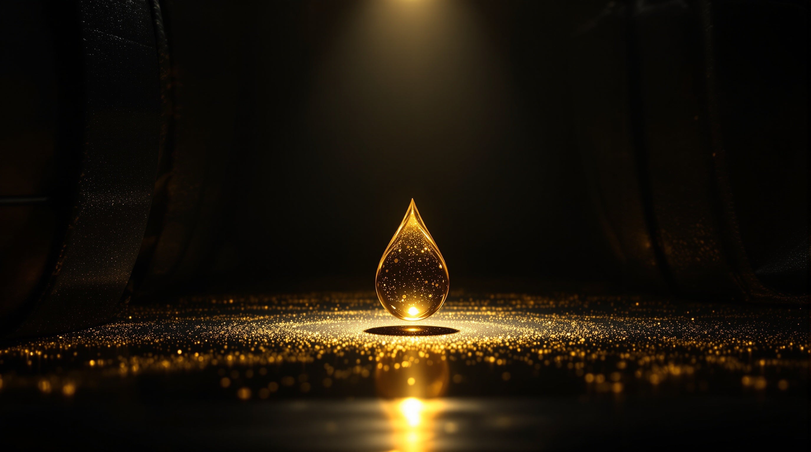 A single precious golden droplet glowing in darkness
