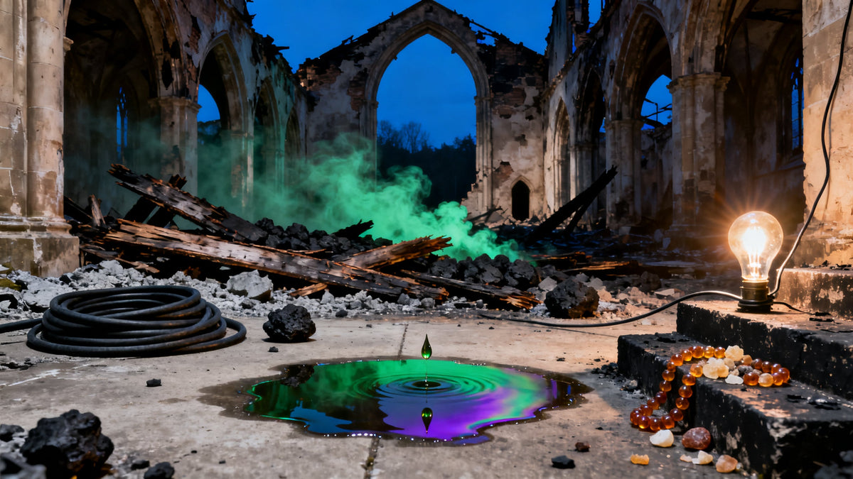 The burned-out interior of a church at dusk, its floor wet with a rainbow-sheened petrol puddle among coal, ash and charred beams, resin beads on a blackened step.