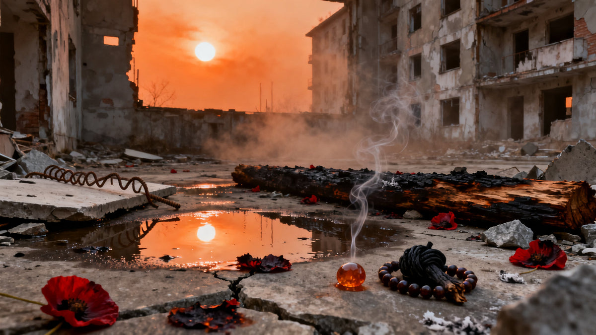 Rain-wet concrete inside a shelled apartment block, a low orange sun burning through dust above scorched red poppies, twisted rebar and a bead of copaiba resin, with pale ash hanging perfectly still in the air.