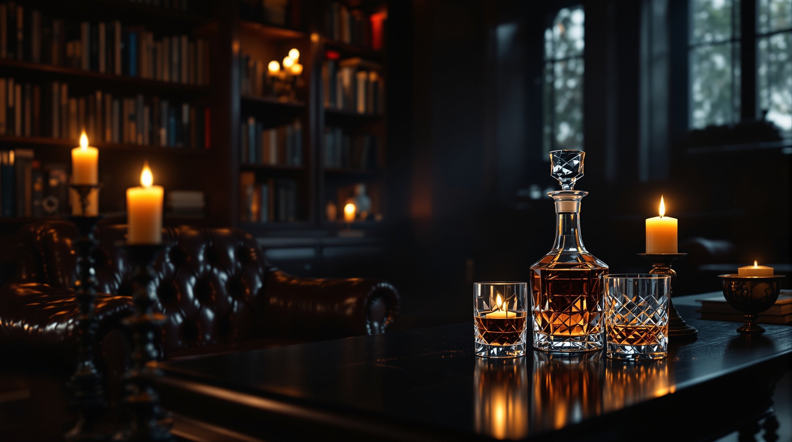 An old-world wood-panelled study with leather, decanter and candlelight